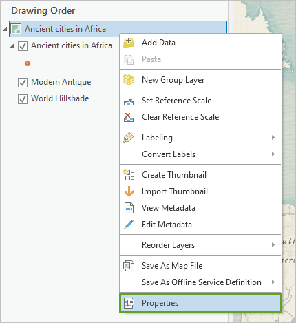 Properties option in the Ancient cities in Africa context menu