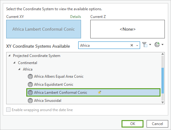 Africa Lambert Conformal Conic selected as current XY coordinate system.