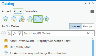 The Portal and ArcGIS Online tabs in the Catalog pane