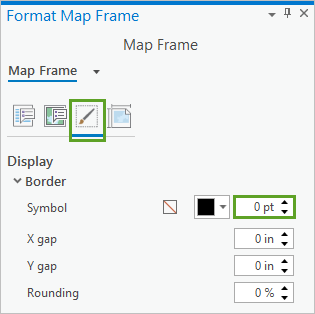 Border symbol set to 0 points in the Format Map Frame pane.