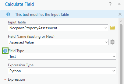 Info button for Field Type parameter