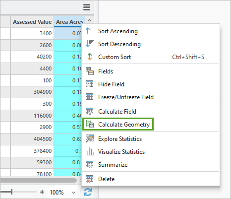 Calculate Geometry in the field's context menu