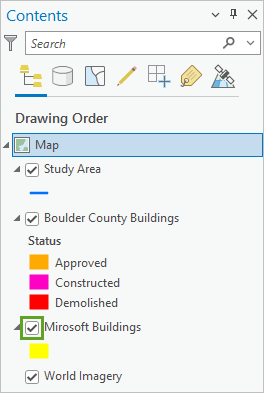 Microsoft Buildings layer turned on in the Contents pane