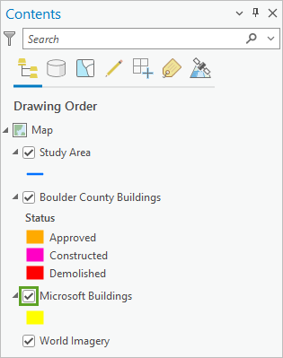 Microsoft Buildings layer turned on in the Contents pane