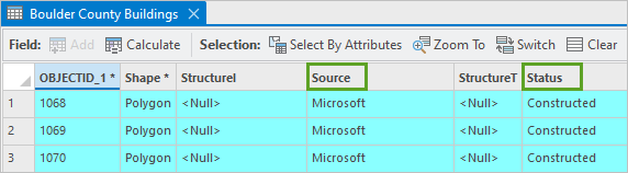 Source and Status fields in the attribute table