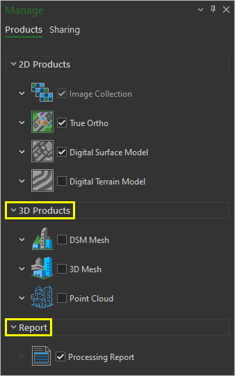 Manage pane with the 3D Products and Report sections expanded