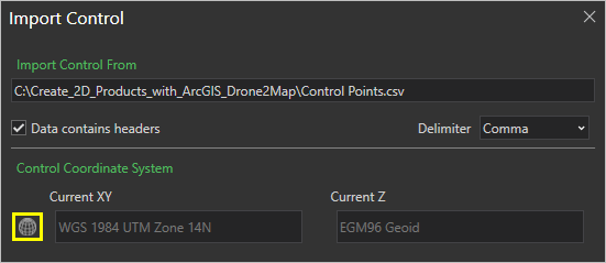 Set Horizontal and Vertical Spatial Reference button in the Import Control window