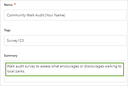 Summary entered in the Edit survey info window