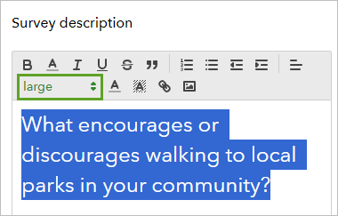 Text style set to large in the Survey description pane