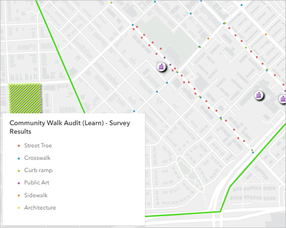 Community Walk Audit_results layer styled to show different symbols for each type of asset on the map