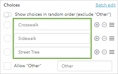 Choices entered in the Single select pane