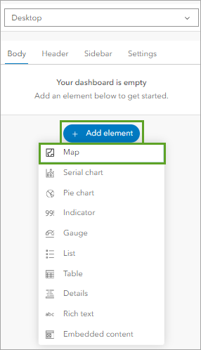 Map in the list of options for Add element in the View panel