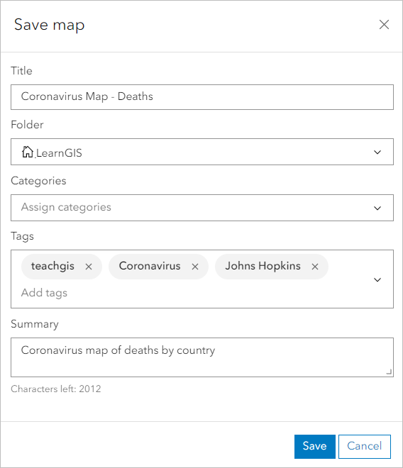 Parameters entered in the Save map window