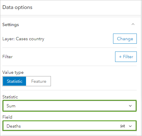 Statistic and Field set in the Data options pane