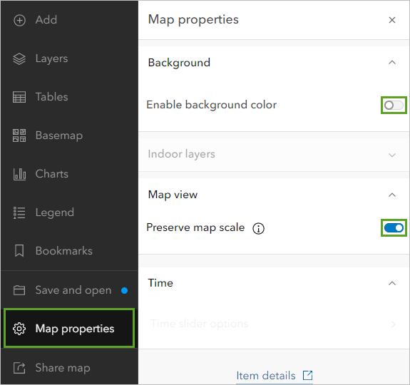 Enable background color turned off and Preserve map scale enabled in the Map properties pane