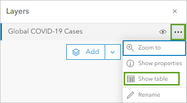 Show table in the Options menu for the Global COVID-19 Cases layer