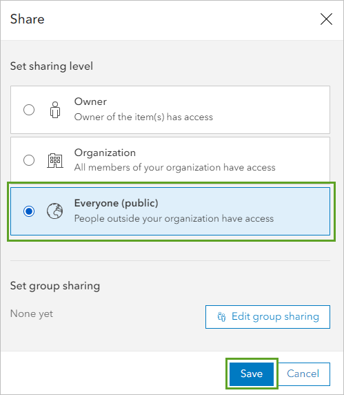 Share window set to Everyone (public) and the Save button