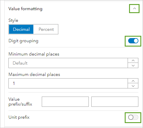 Digit grouping and Unit prefix set under the Value formatting section in the Indicator options pane