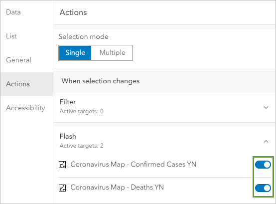 Flash settings on the Actions tab configured