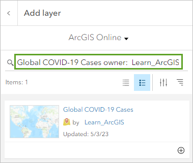 Results from searching for the Global COVID-19 cases layer in the Add layer pane