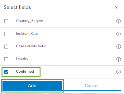 Confirmed field selected and the Add button in the Add fields pane