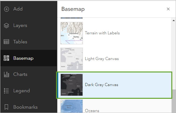 Dark Gray Canvas in the Basemap pane