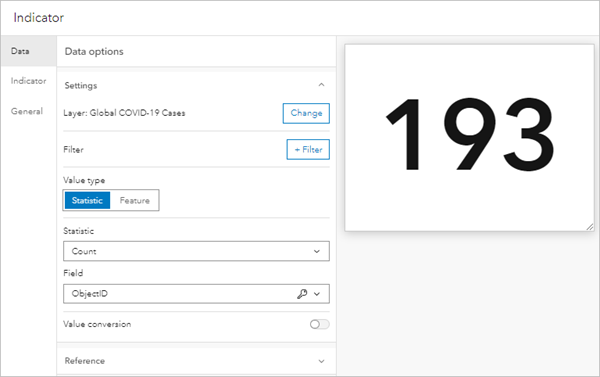 Data options pane and preview of the indicator in the Indicator configuration pane