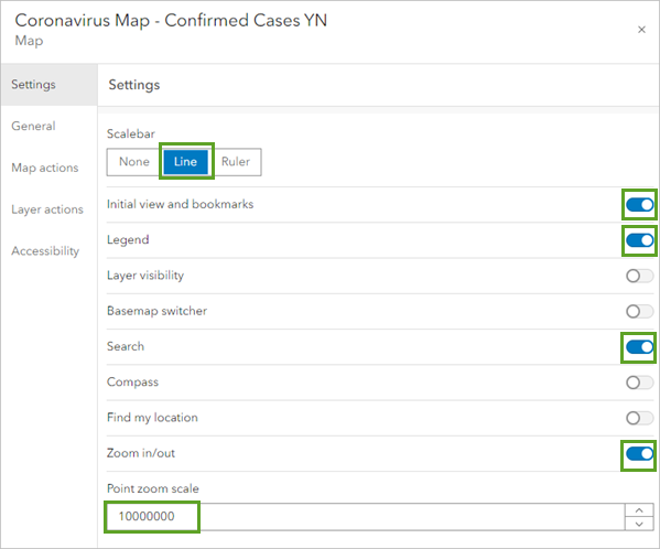 Parameters set on the Settings tab for the Coronavirus Map - Confirmed Cases Map element window