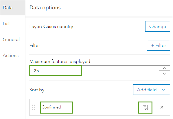 Parameters configured in the Data options pane