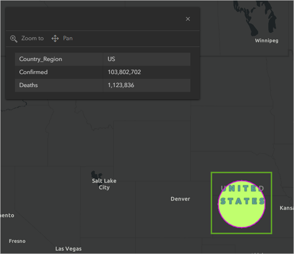 Map on the dashboard zooms to the selected country from the List element and the pop-up appears.