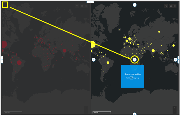 Drag Coronavirus Map - Deaths map element toward the center of the Coronavirus Map - Confirmed Cases map.