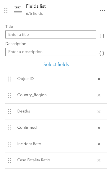 List of fields that appear in the pop-up under Fields list in the Pop-up pane