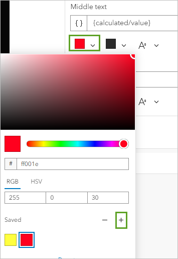 Red color and add button next to Saved in the color palette window for Middle text