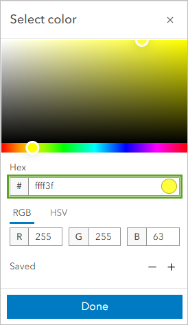 The hex code ffff3f entered in the Select color window