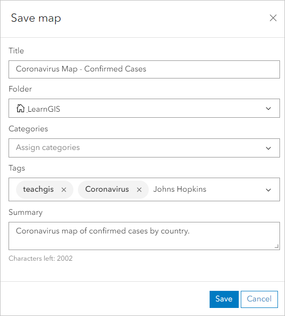 Parameters entered in the Save map window