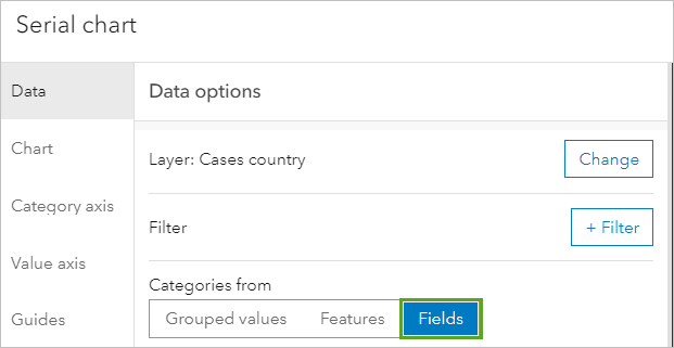 Fields set for Categories from in the Data options pane