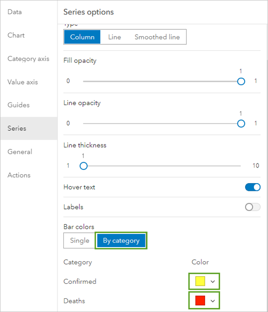 By category set for Bar colors and colors for each Category configured in the Series options pane