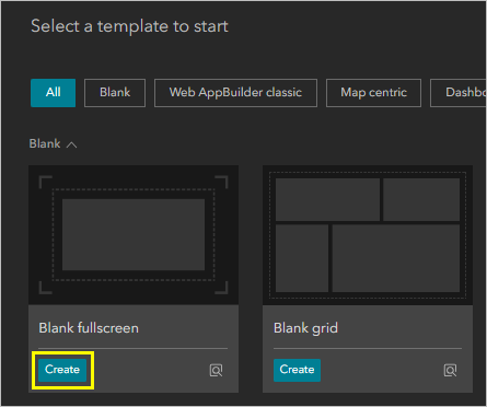 The Select a template to start pane with the Blank fullscreen template selected