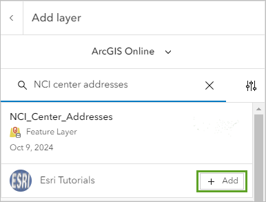 The NCI_Center_Addresses feature layer item owned by Esri Tutorials