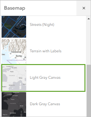 The Basemap list showing the Light Gray Canvas basemap