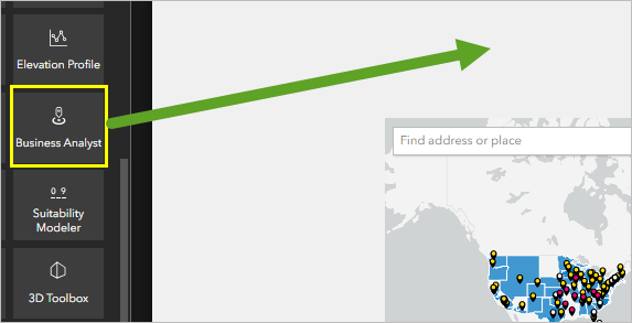 The Business Analyst widget in the Insert widget list can be clicked and dragged to the canvas.