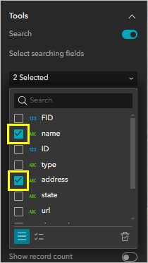 The field list for the search, with name and address checked