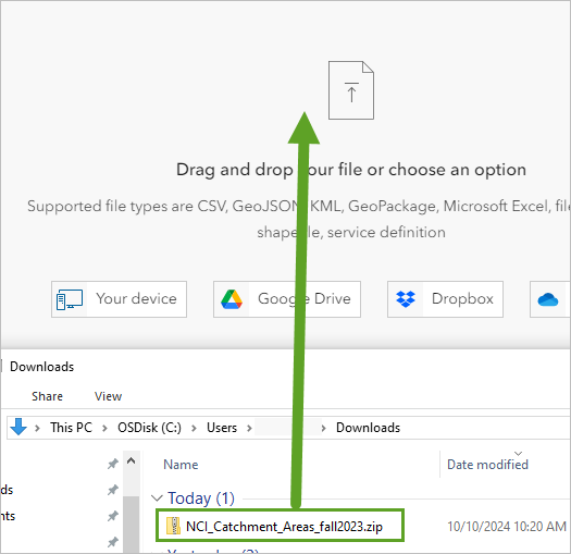 The .zip file in the Downloads folder location is dragged to the Add Layer pane.