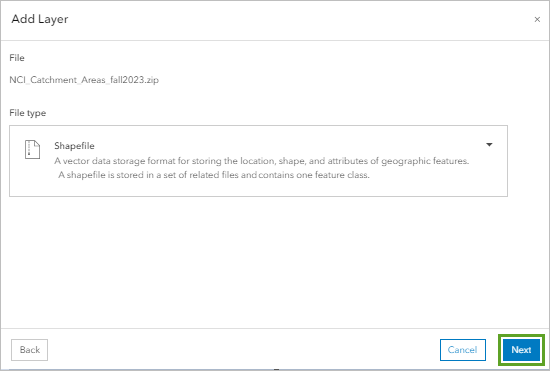 Add Layer pane with shapefile upload