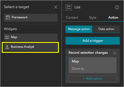 The Select a target pane showing the Widgets list