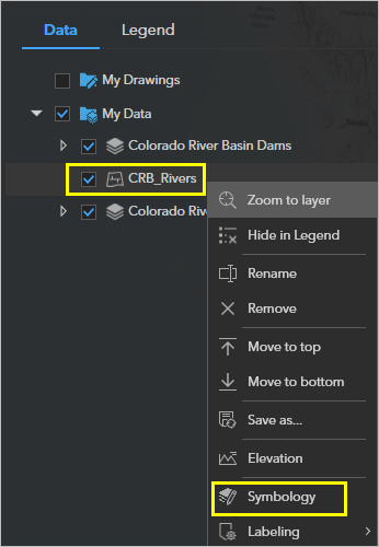 The Symbology option for CRB_Rivers layer