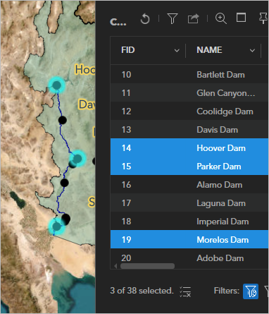 Selected dams on the map and in the table