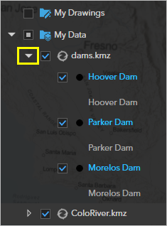 dams.kmz layer expanded to show the three dams
