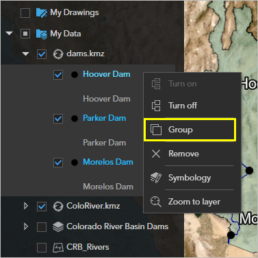 Group option for the selected dams