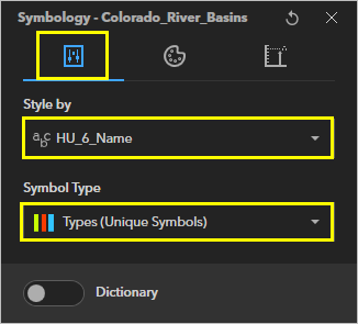 Colorado River Basins layer symbolized with unique symbols